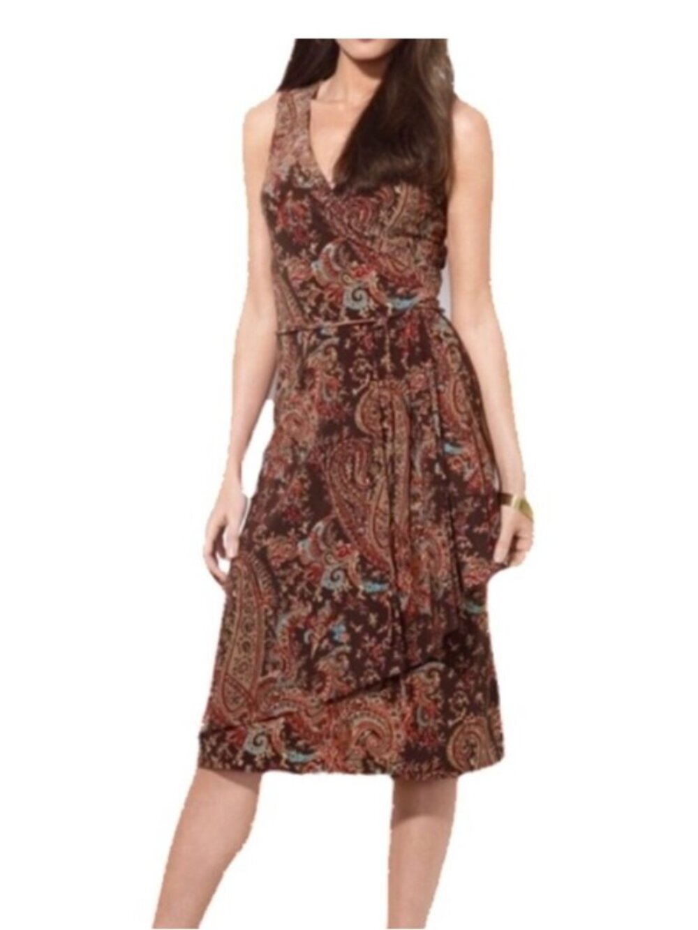 Lauren Ralph Lauren Paisley Faux Wrap Brown Dress Size  M